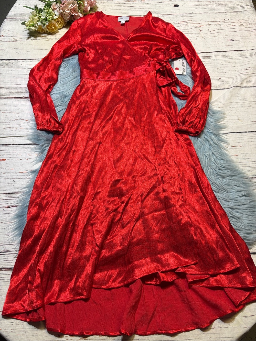 NWT Nine West Red Satin Wrap-Style Festive Brights Long Sleeve Dress sz XS
